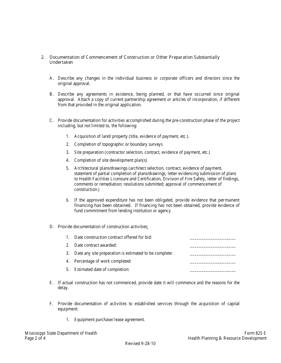 Form 825E Appendix G Certificate of Need (Con) Progress Report / Six-Month Extension Request - Mississippi, Page 2