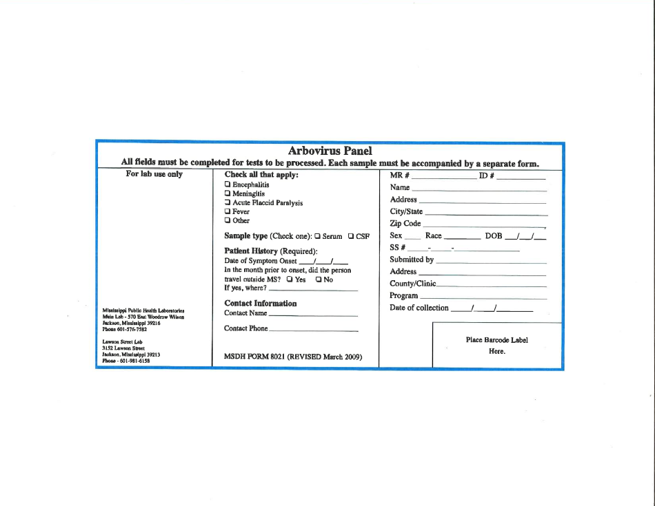 Form 8021 Arbovirus Panel - Mississippi, Page 1