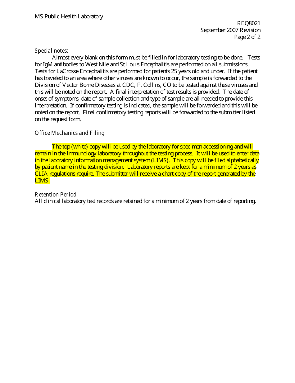 Form 8021 Arbovirus Panel - Mississippi, Page 3