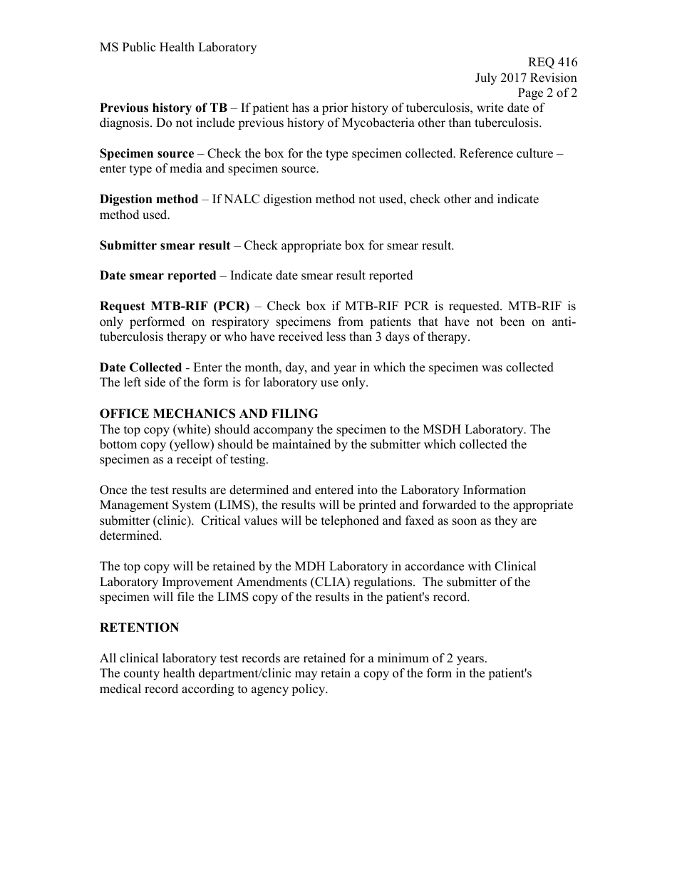 Form 416 Mycobacteriology Culture Request - Mississippi, Page 3