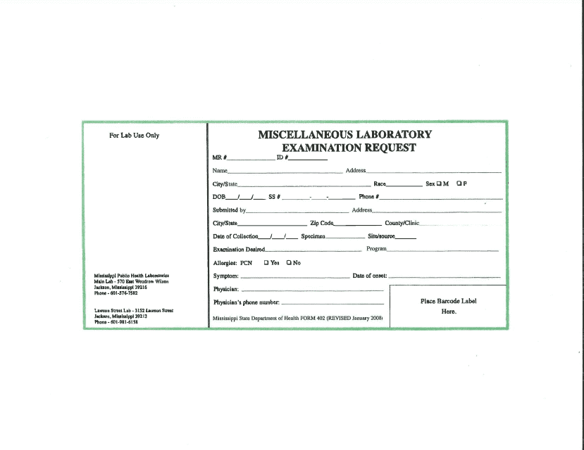 Form 402 Miscellaneous Laboratory Bxamination Request - Mississippi