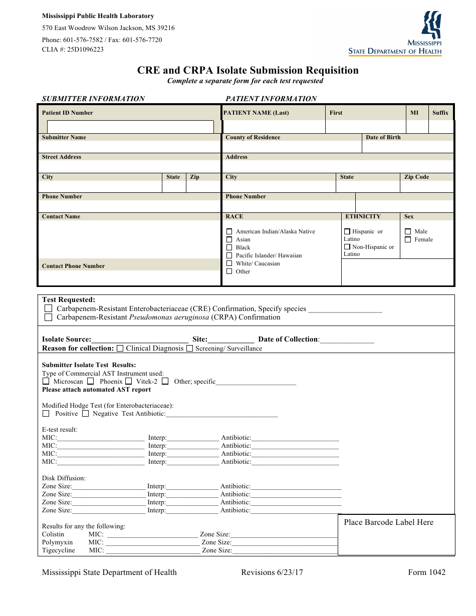 Form 1042 Cre and Crpa Isolate Submission Requisition - Mississippi, Page 1