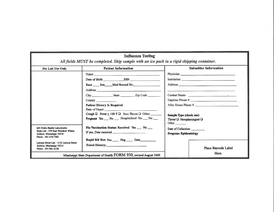 Form 930 Influenza Testing - Mississippi, Page 1