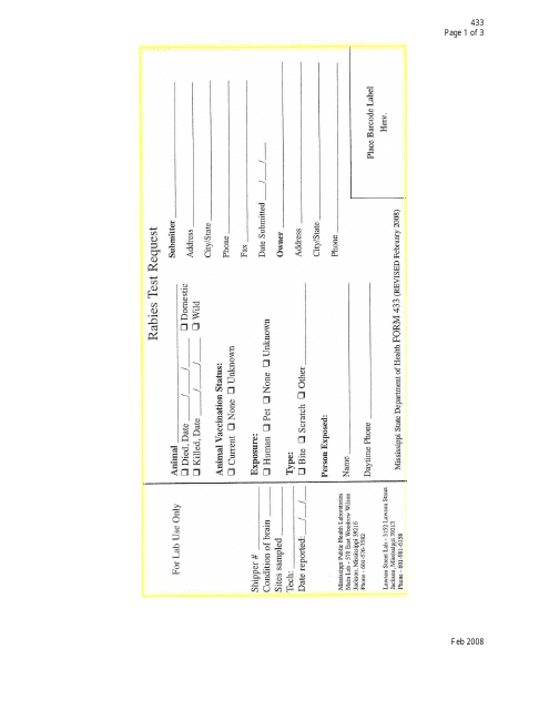 Form 433 Rabies Test Request - Mississippi