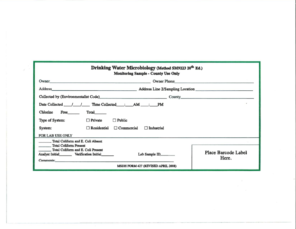 Form 427 Drinking Water Microbiology Monitoring Sample Request Form - Mississippi, Page 1