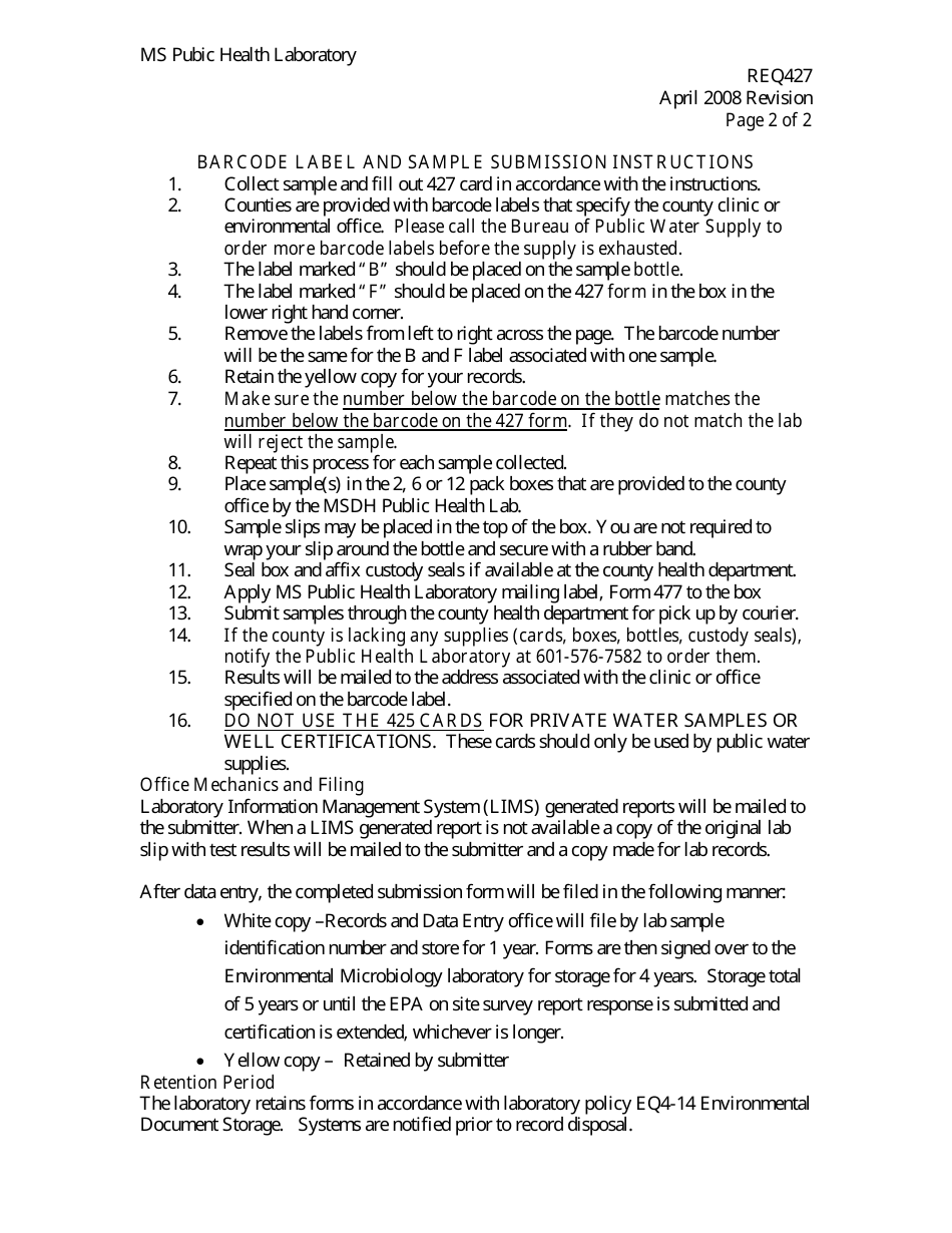 Form 427 Drinking Water Microbiology Monitoring Sample Request Form - Mississippi, Page 3