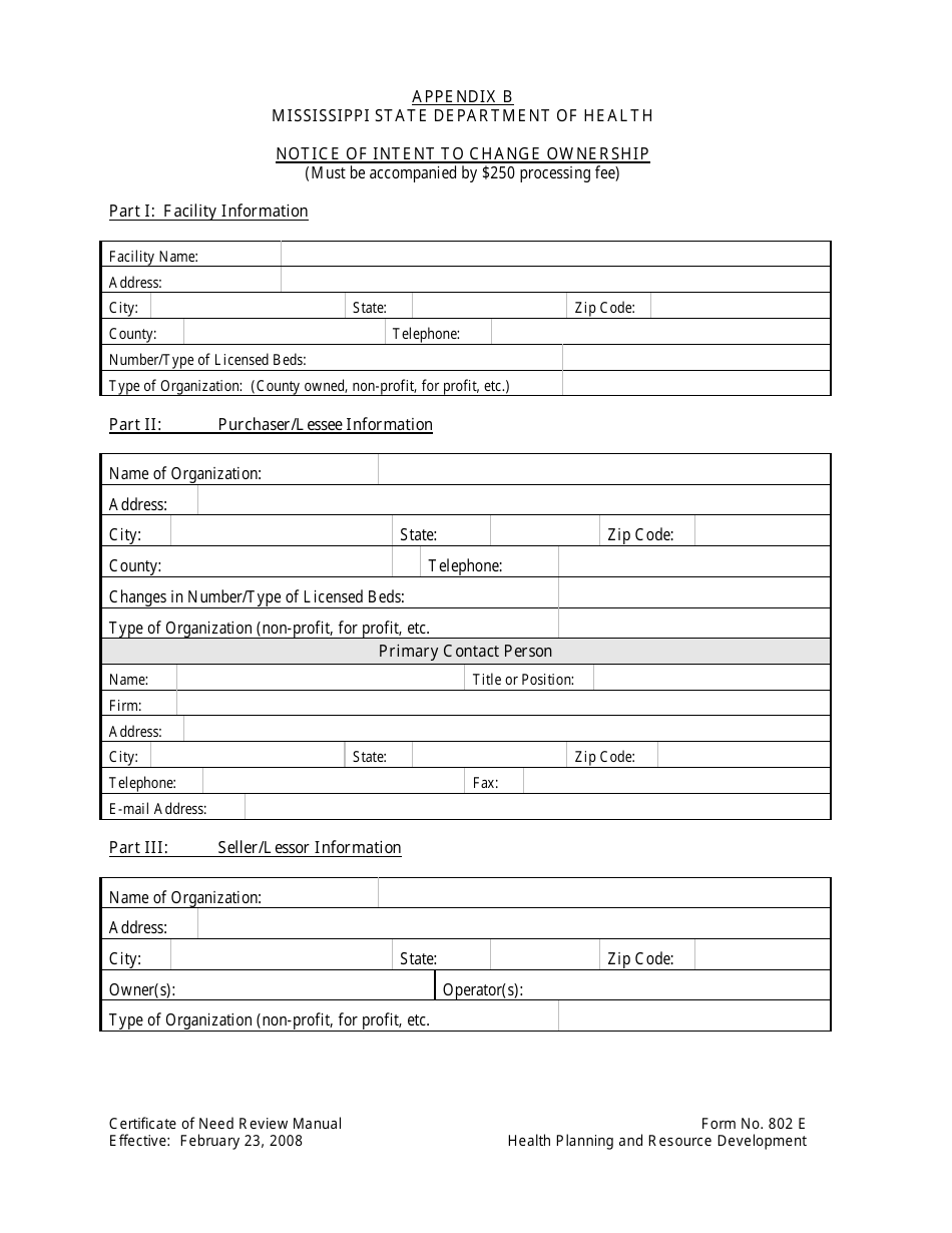 Form 802E Appendix B Notice of Intent to Change Ownership - Mississippi, Page 1
