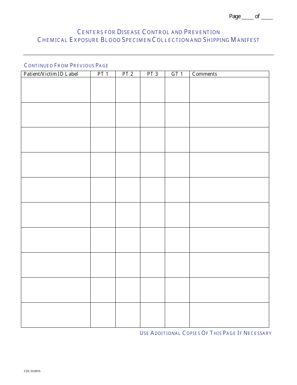 Chemical Exposure Blood Specimen Collection and Shipping Manifest Form, Page 2