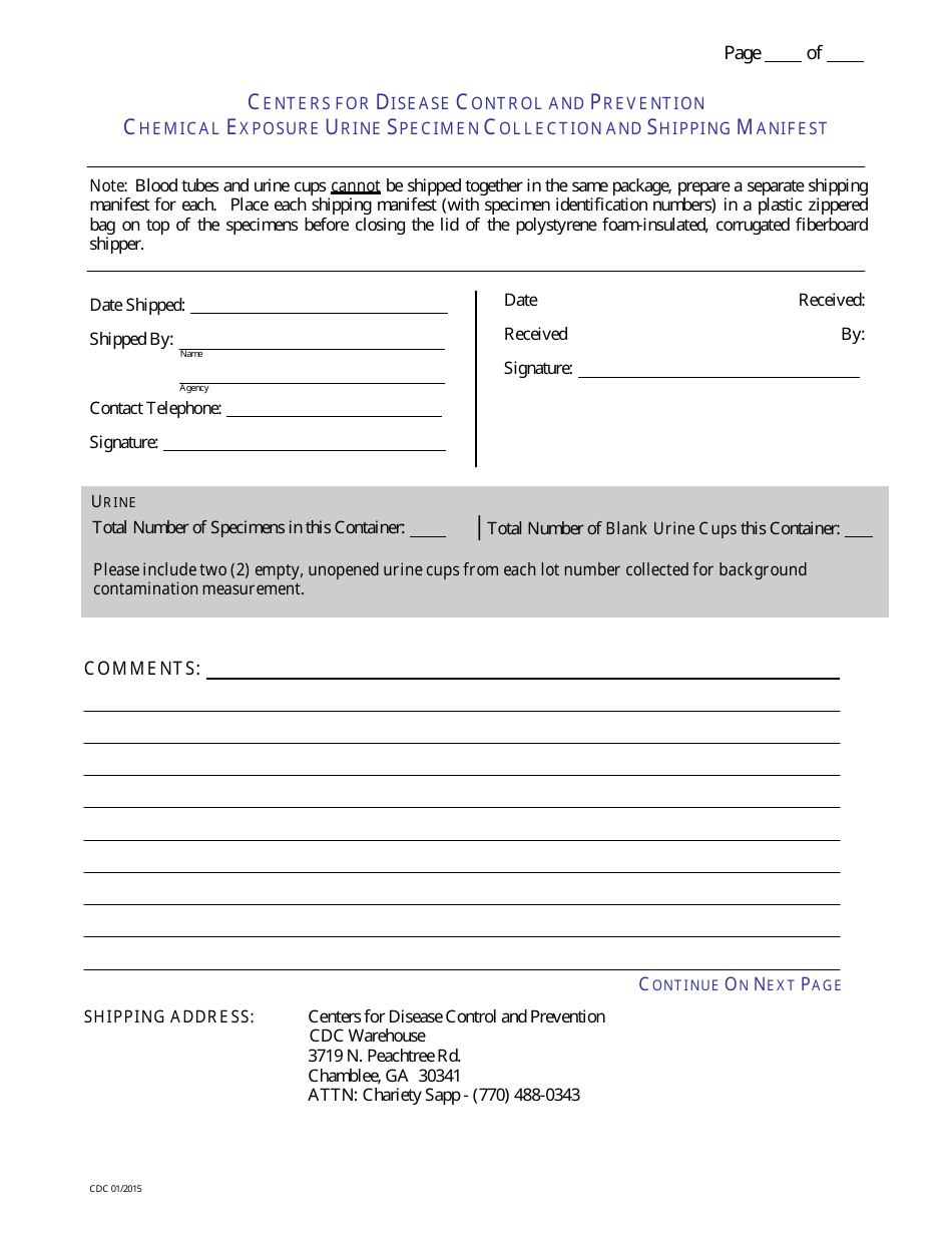 Chemical Exposure Urine Specimen Collection and Shipping Manifest Form, Page 1