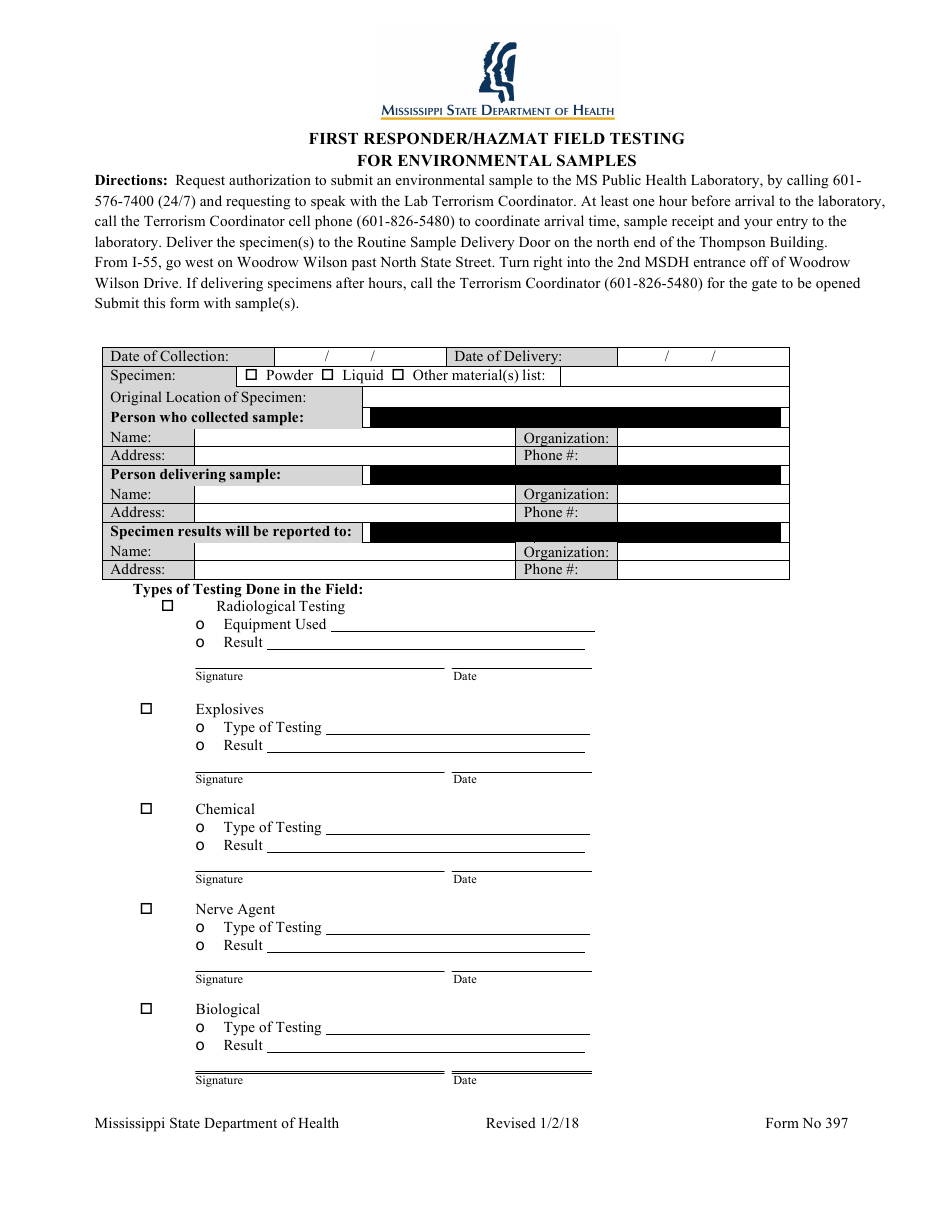 Form 397 First Responder / Hazmat Field Testing for Environmental Samples - Mississippi, Page 1