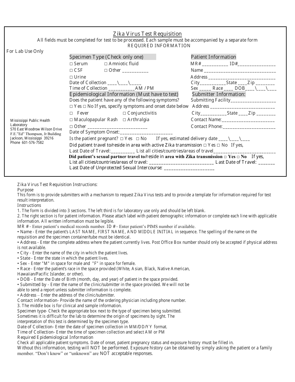 Zika Virus Test Requisition Form - Mississippi, Page 1
