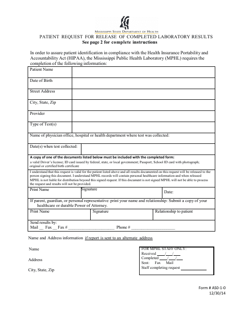 Form AS0-1-0 Patient Request for Release of Completed Laboratory Results - Mississippi