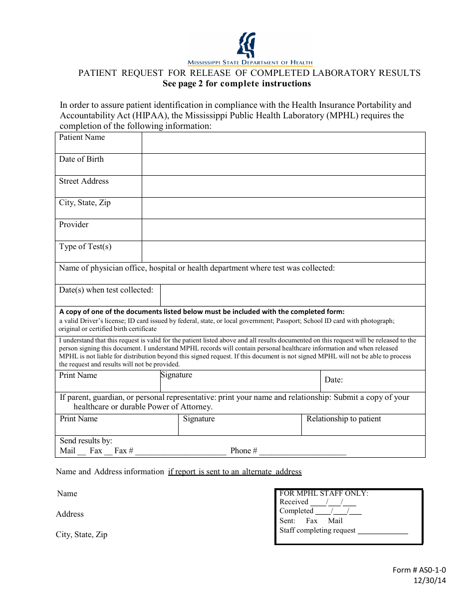 Form AS0-1-0 Patient Request for Release of Completed Laboratory Results - Mississippi, Page 1