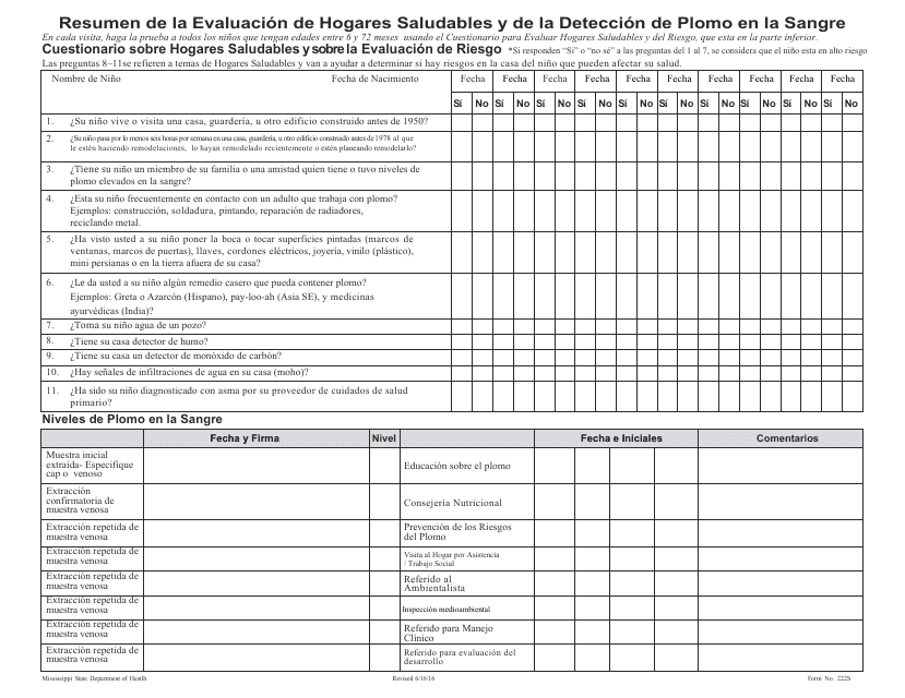 Formulario 222S Resumen De La Evaluacion De Hogares Saludables Y De La Deteccion De Plomo En La Sangre - Mississippi (Spanish)
