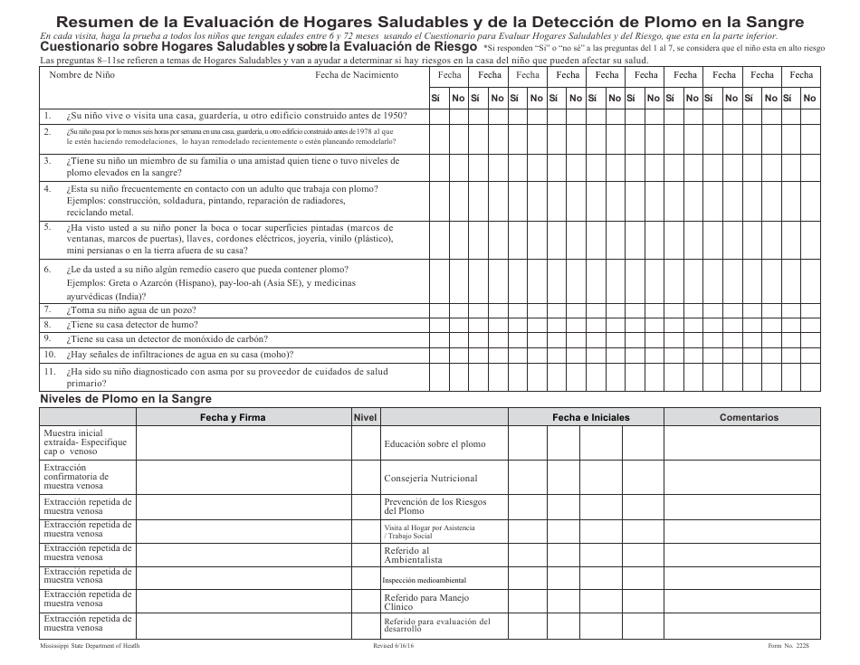 Formulario 222S Resumen De La Evaluacion De Hogares Saludables Y De La Deteccion De Plomo En La Sangre - Mississippi (Spanish), Page 1