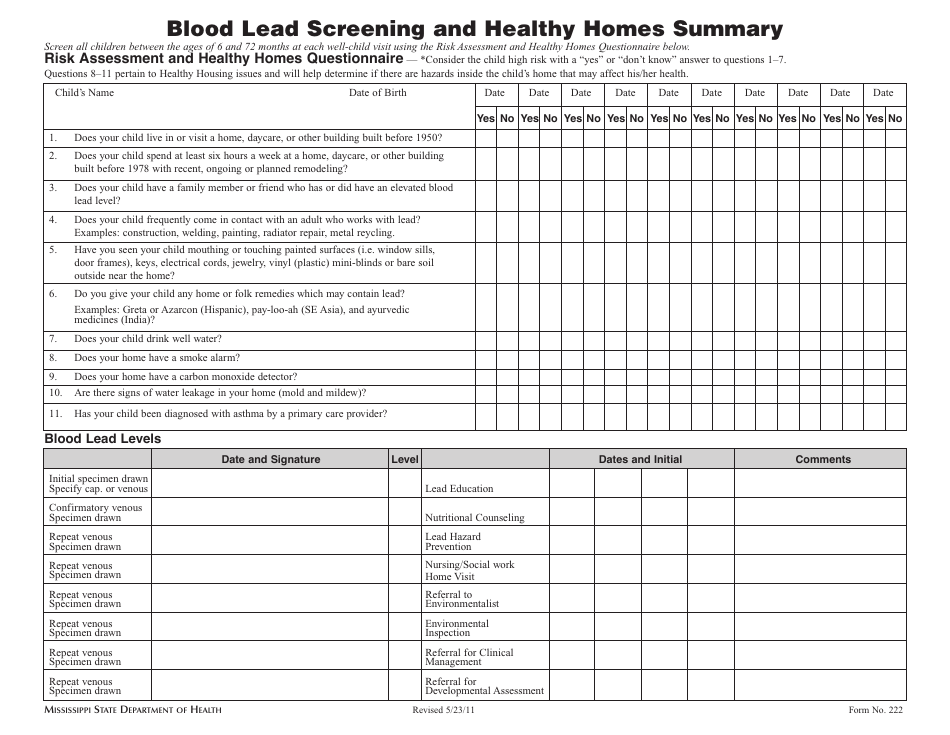 Form 222 Blood Lead Screening and Healthy Homes Summary - Mississippi, Page 1