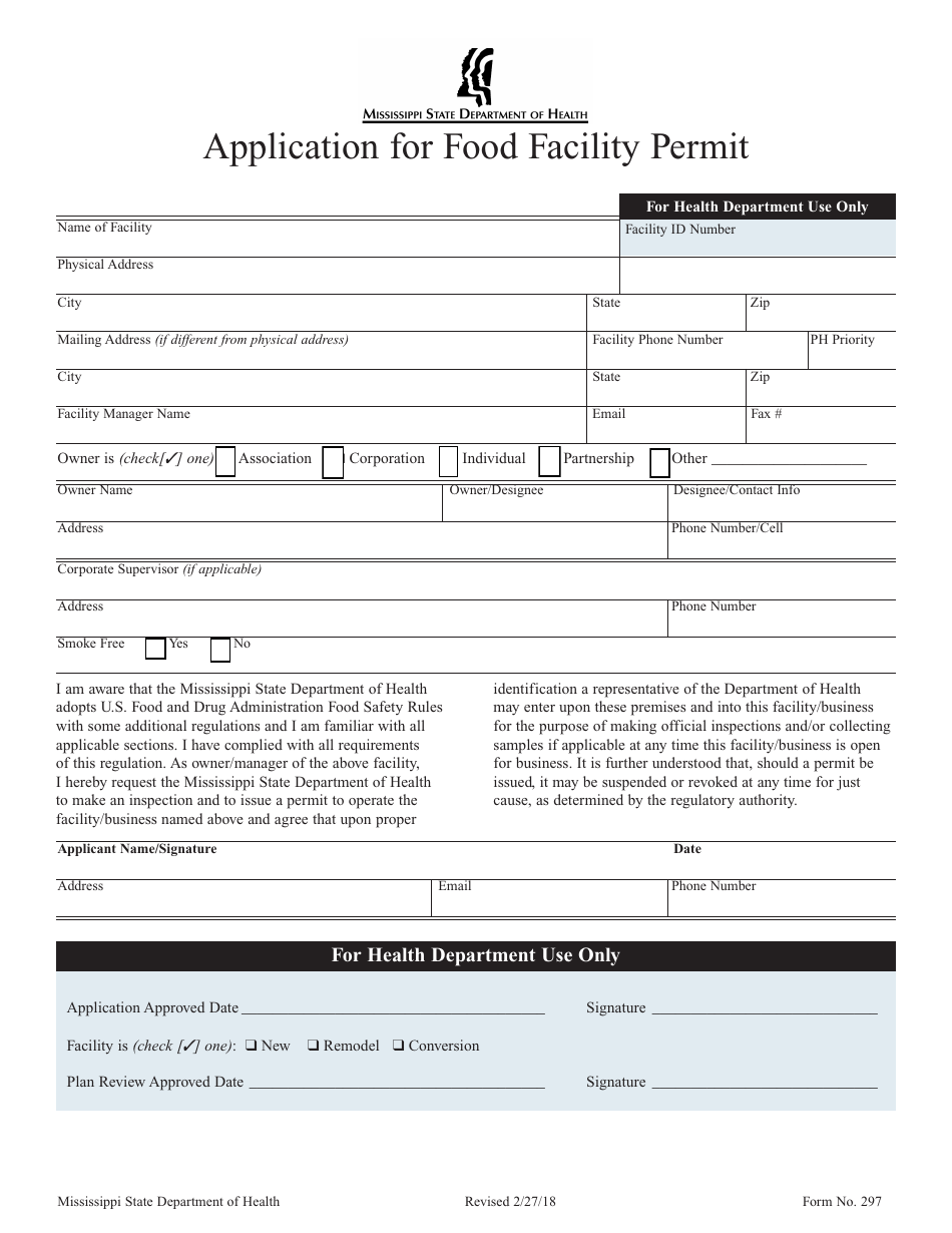Form 297 Application for Food Facility Permit - Mississippi, Page 1
