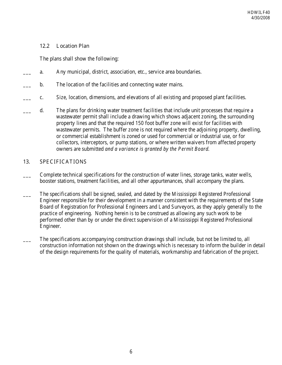 Form HDWILF40 Plans, Specifications  Contract Documents Guidance for the Design of Dwsirlf Funded Drinking Water Facilities - Mississippi, Page 6
