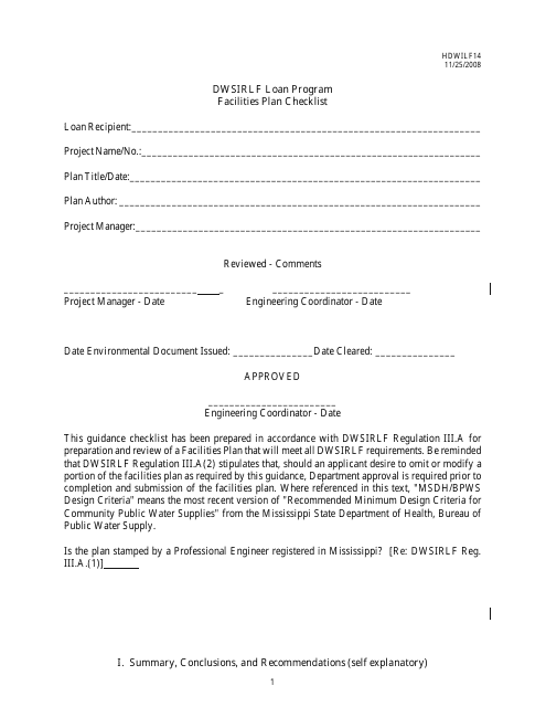 Form HDWILF14 Facilities Plan Checklist - Dwsirlf Loan Program - Mississippi