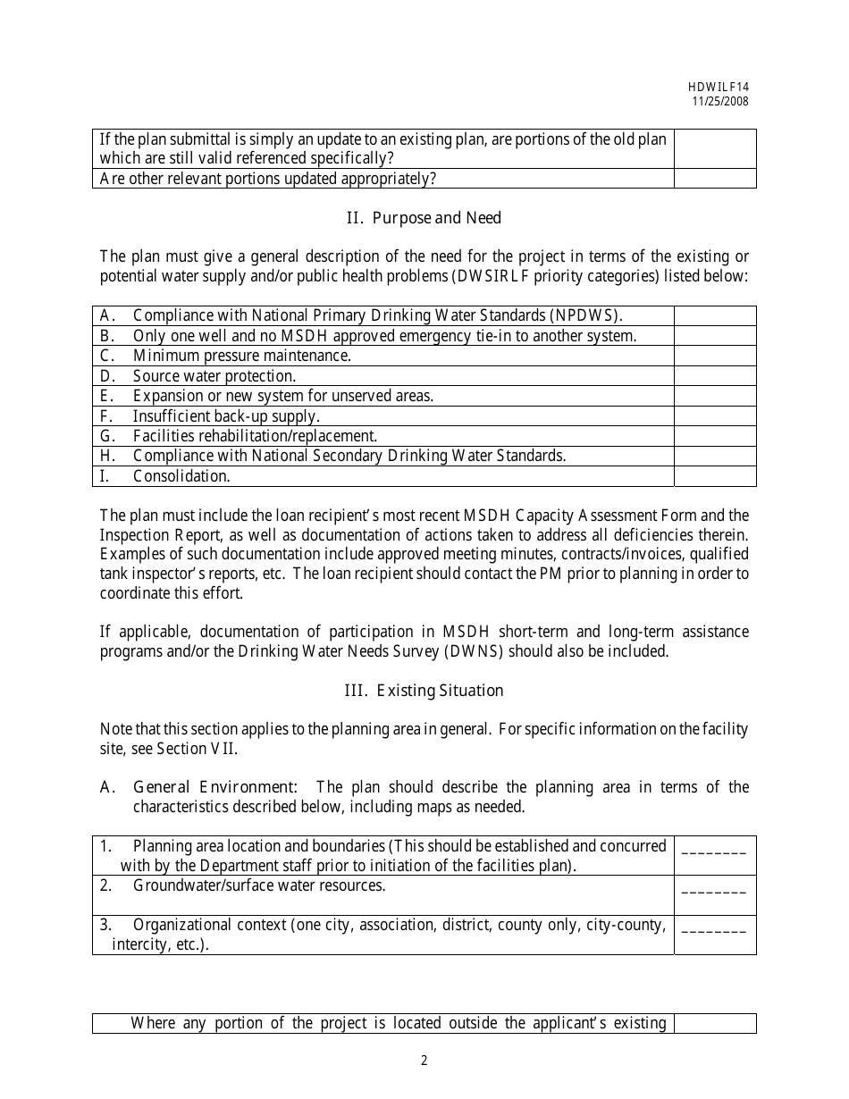Form HDWILF14 Facilities Plan Checklist - Dwsirlf Loan Program - Mississippi, Page 2