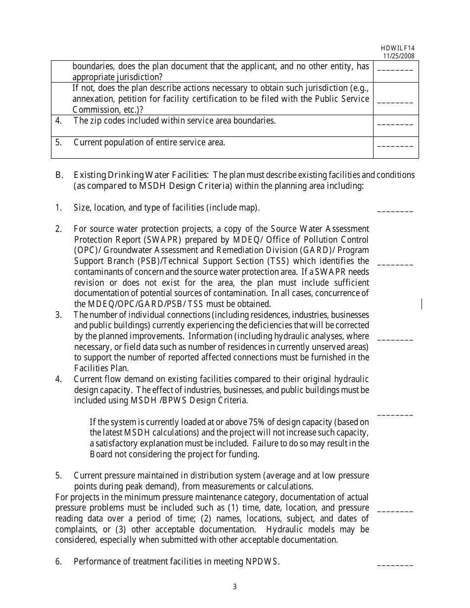 Form HDWILF14 Facilities Plan Checklist - Dwsirlf Loan Program - Mississippi, Page 3