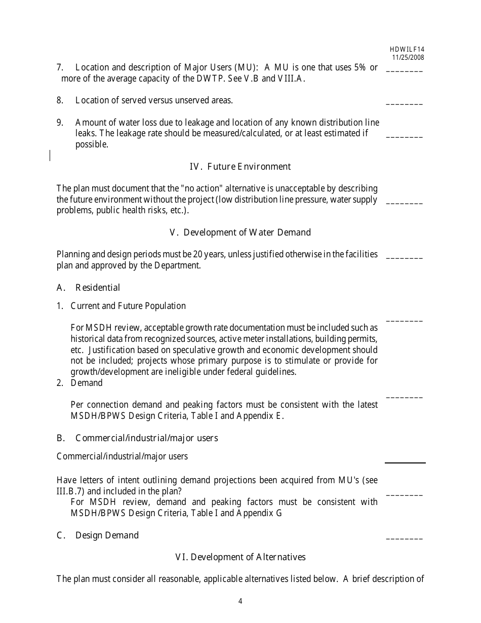 Form HDWILF14 Facilities Plan Checklist - Dwsirlf Loan Program - Mississippi, Page 4
