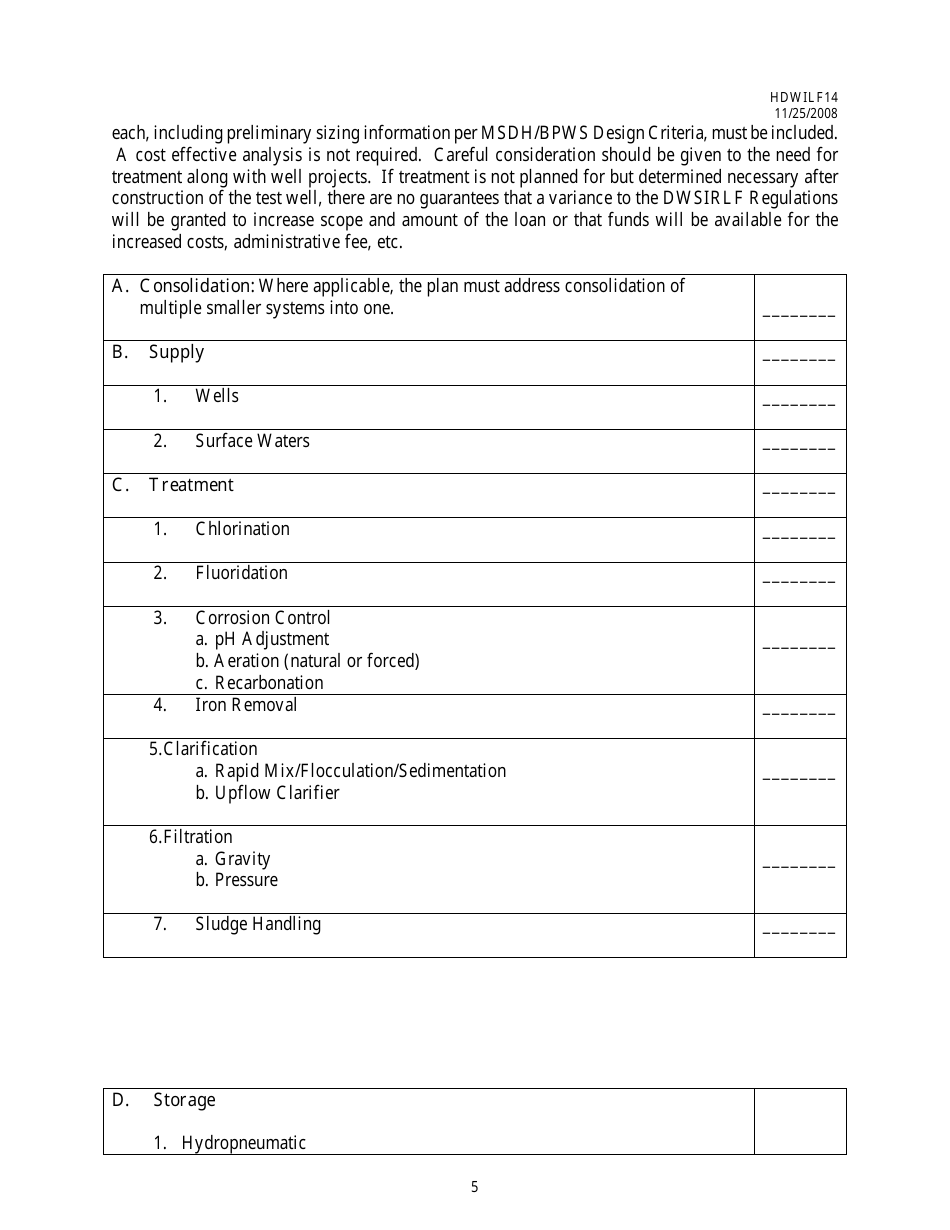 Form HDWILF14 Facilities Plan Checklist - Dwsirlf Loan Program - Mississippi, Page 5