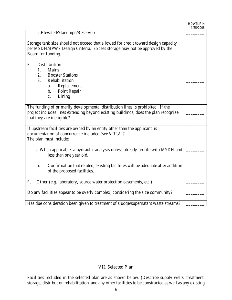 Form HDWILF14 Facilities Plan Checklist - Dwsirlf Loan Program - Mississippi, Page 6