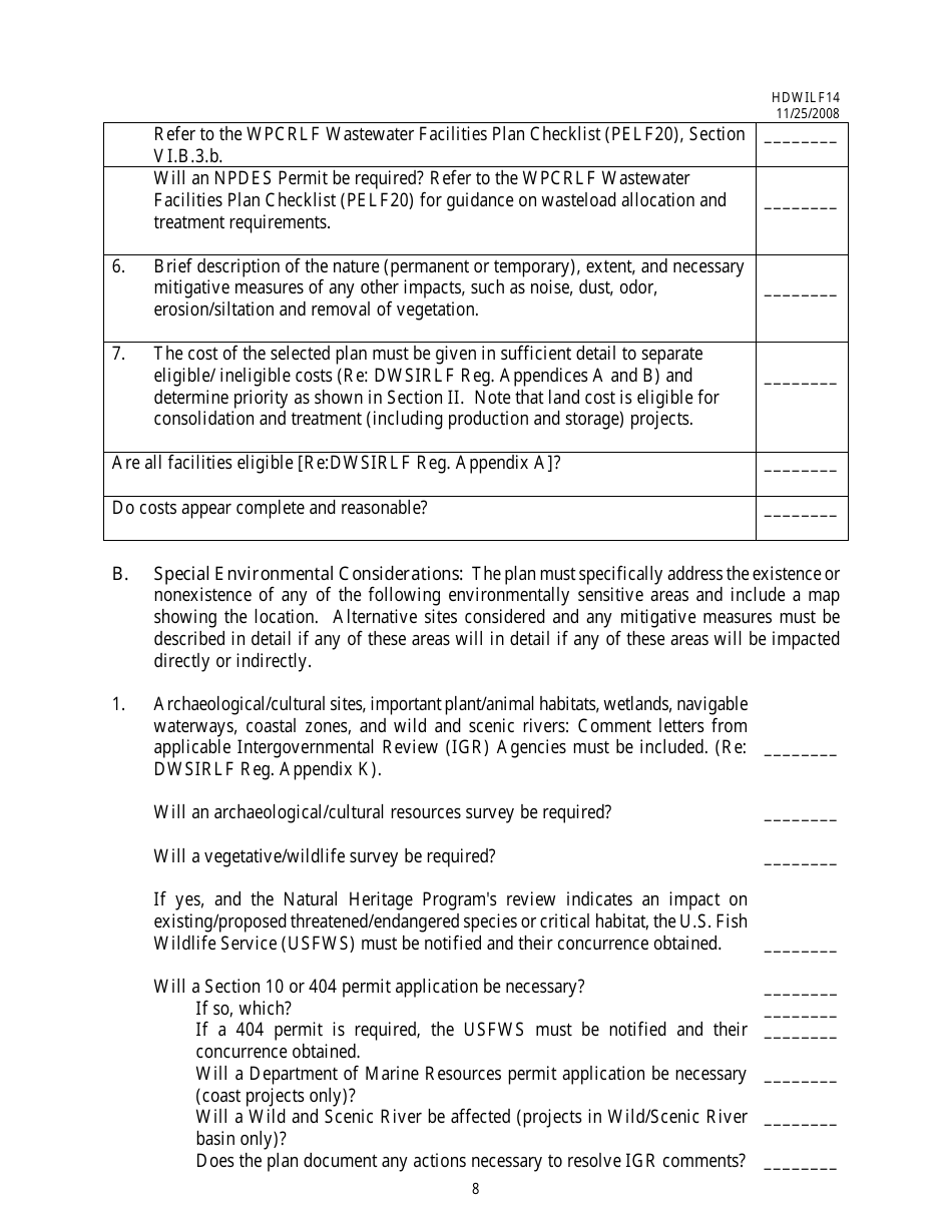 Form HDWILF14 Facilities Plan Checklist - Dwsirlf Loan Program - Mississippi, Page 8