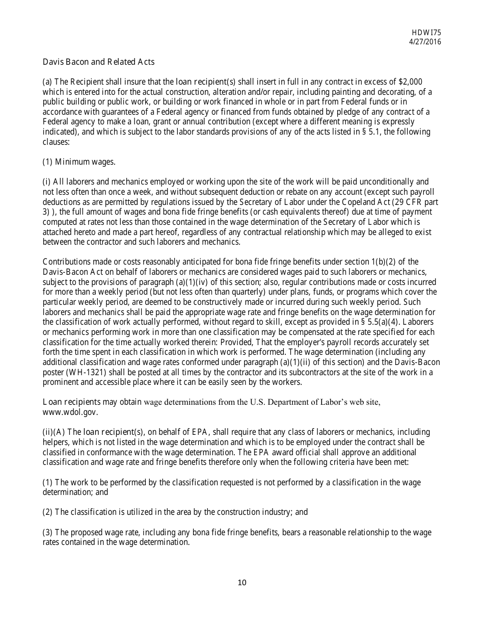 Form HDW175 Required Contract Document Provisions Drinking Water Systems Improvements Revolving Loan Fund Projects - Mississippi, Page 10