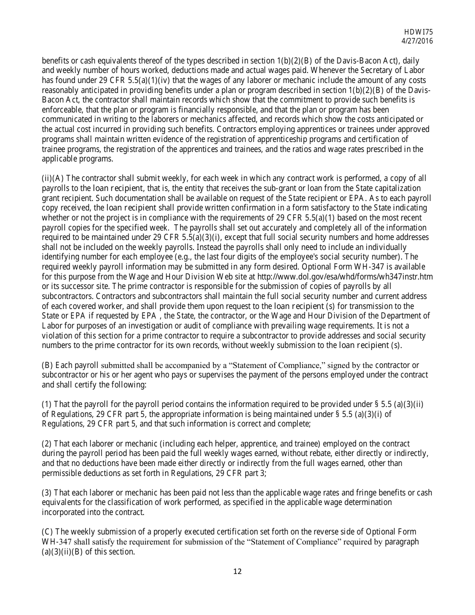Form HDW175 Required Contract Document Provisions Drinking Water Systems Improvements Revolving Loan Fund Projects - Mississippi, Page 12