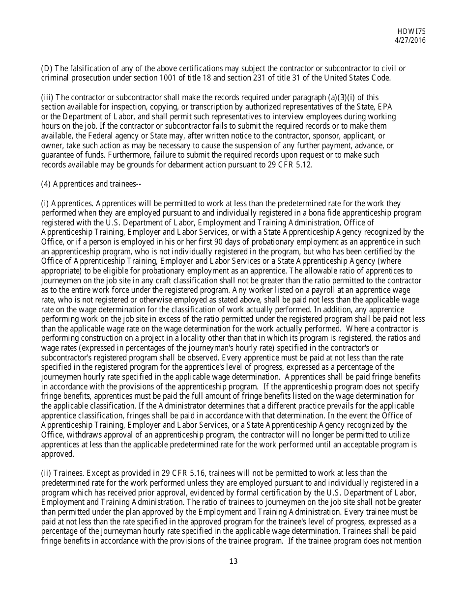 Form HDW175 Required Contract Document Provisions Drinking Water Systems Improvements Revolving Loan Fund Projects - Mississippi, Page 13
