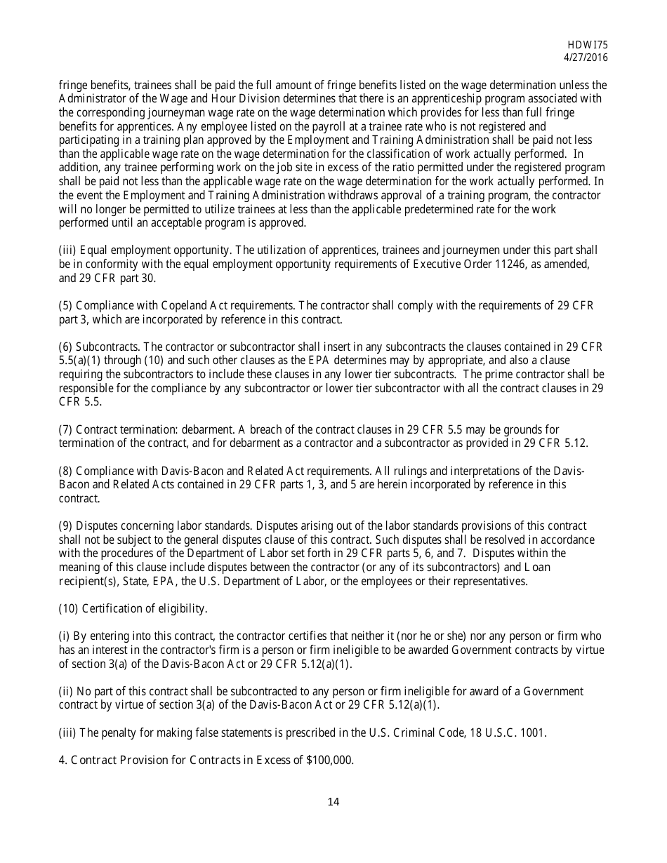 Form HDW175 Required Contract Document Provisions Drinking Water Systems Improvements Revolving Loan Fund Projects - Mississippi, Page 14