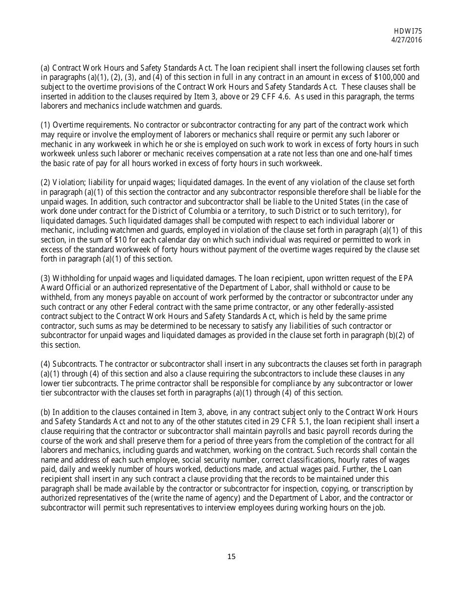 Form HDW175 Required Contract Document Provisions Drinking Water Systems Improvements Revolving Loan Fund Projects - Mississippi, Page 15