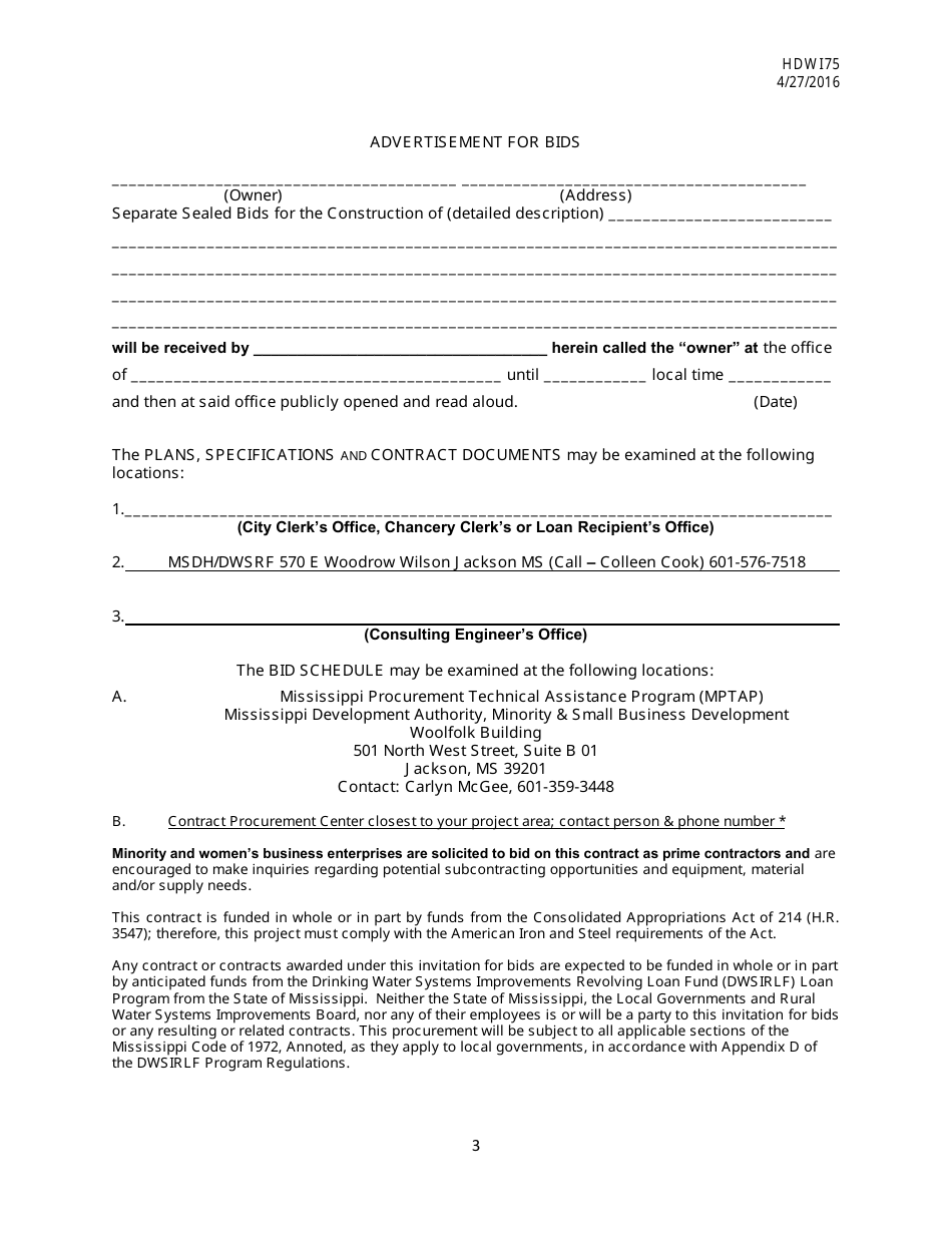 Form HDW175 Required Contract Document Provisions Drinking Water Systems Improvements Revolving Loan Fund Projects - Mississippi, Page 3