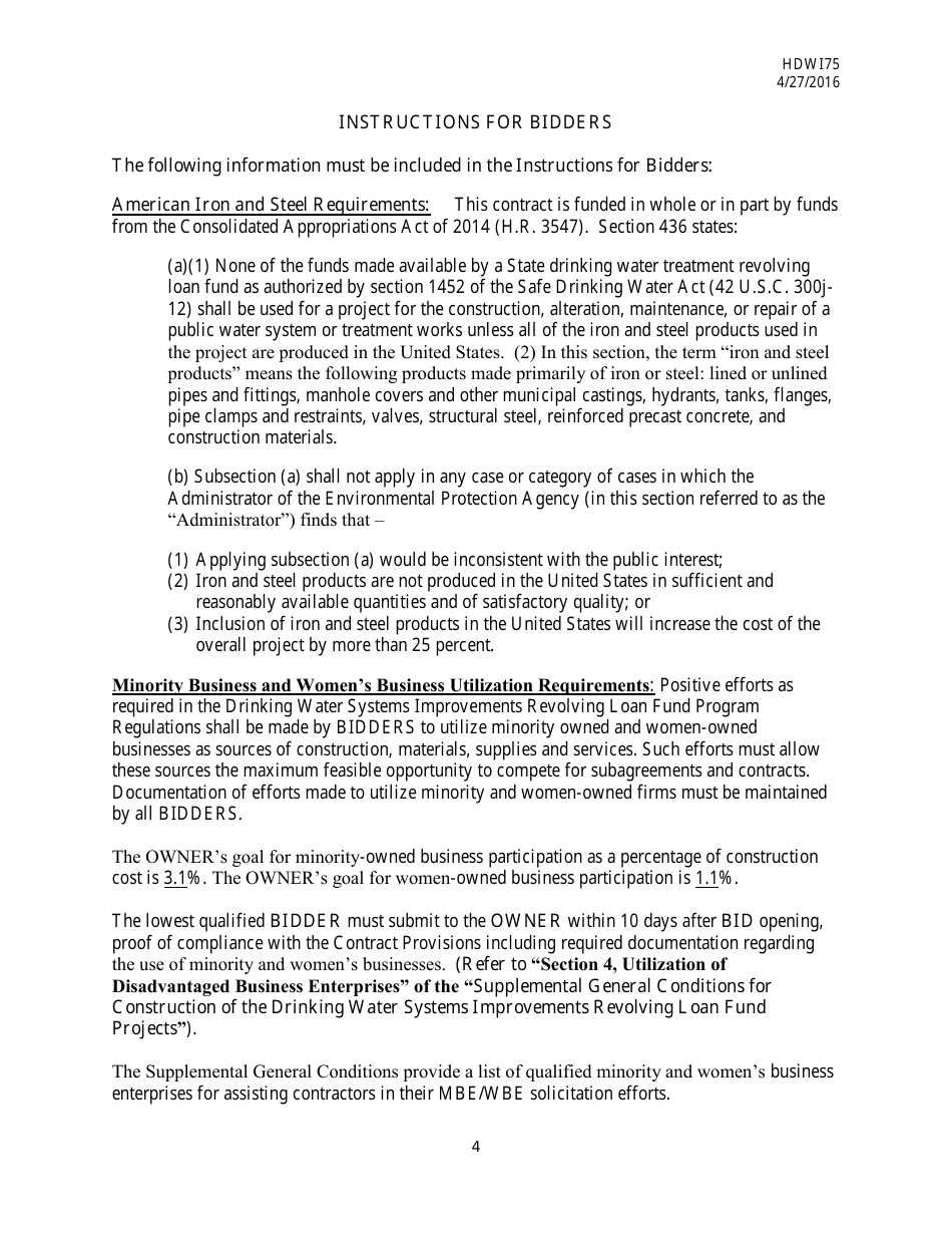 Form HDW175 Required Contract Document Provisions Drinking Water Systems Improvements Revolving Loan Fund Projects - Mississippi, Page 4