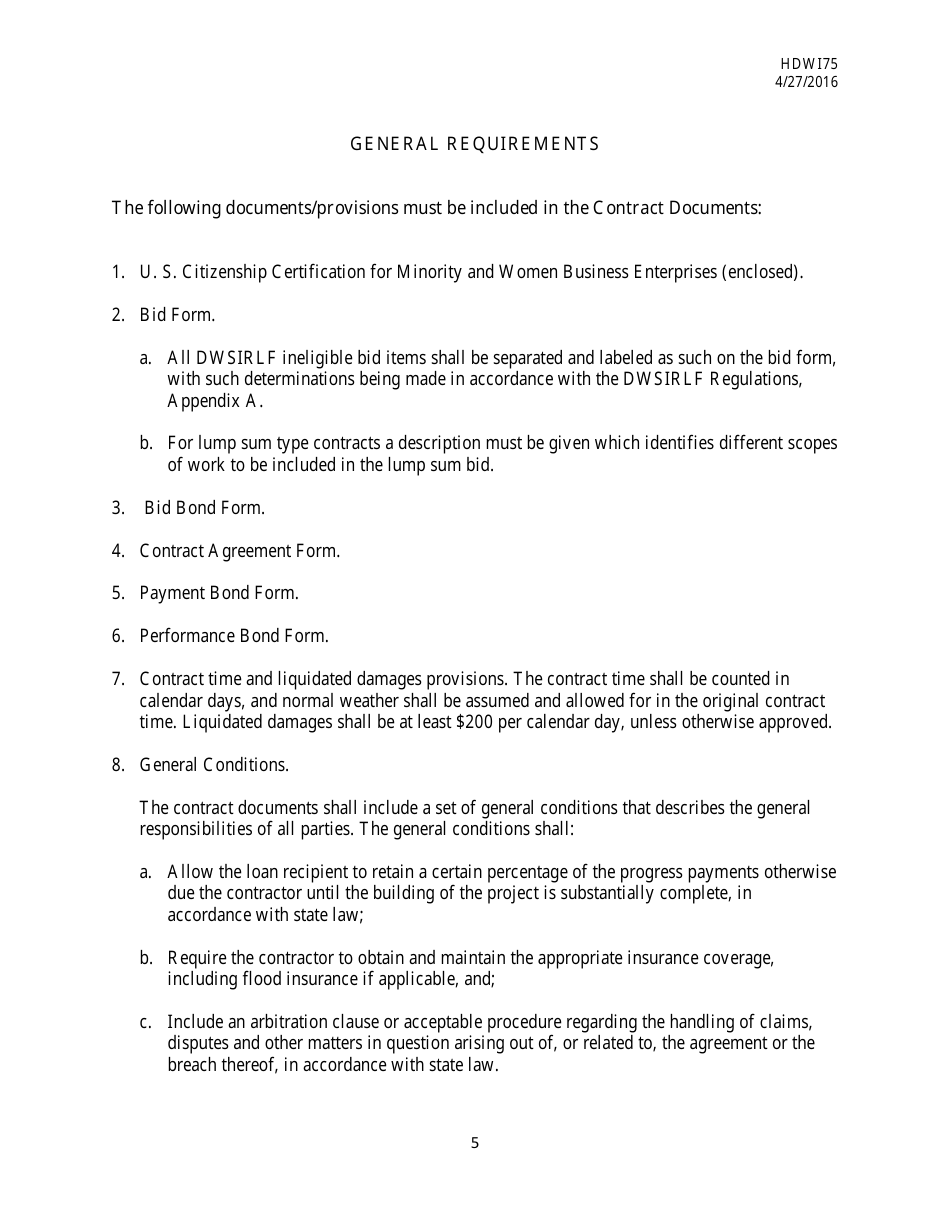 Form HDW175 Required Contract Document Provisions Drinking Water Systems Improvements Revolving Loan Fund Projects - Mississippi, Page 5