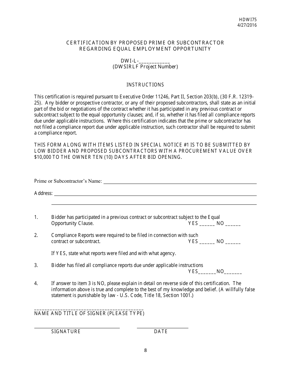 Form HDW175 Required Contract Document Provisions Drinking Water Systems Improvements Revolving Loan Fund Projects - Mississippi, Page 8