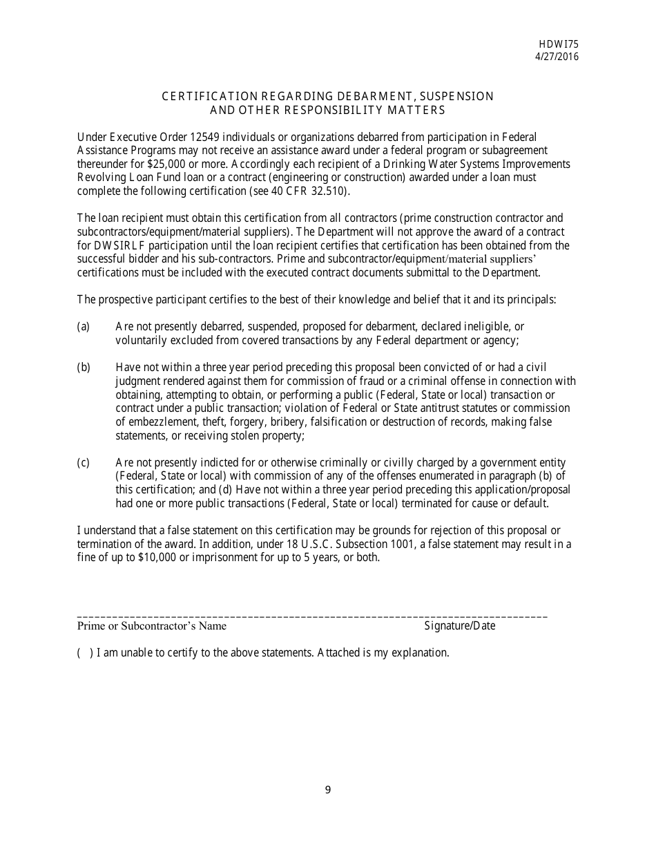 Form HDW175 Required Contract Document Provisions Drinking Water Systems Improvements Revolving Loan Fund Projects - Mississippi, Page 9