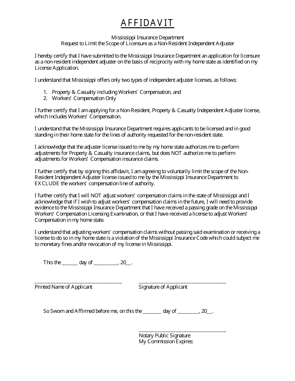 Non-resident Adjuster Affidavit Form - Mississippi, Page 1