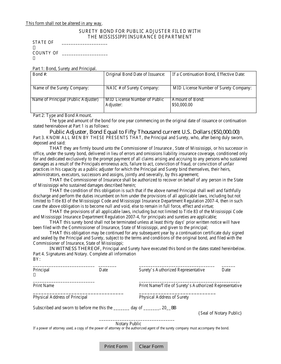Surety Bond for Public Adjuster Filed With the Mississippi Insurance Department - Mississippi, Page 1