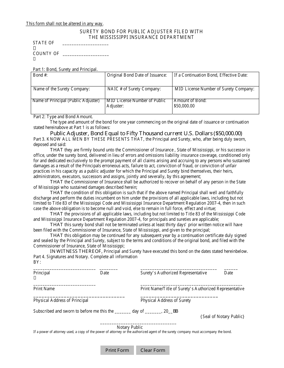 Mississippi Surety Bond for Public Adjuster Filed With the
