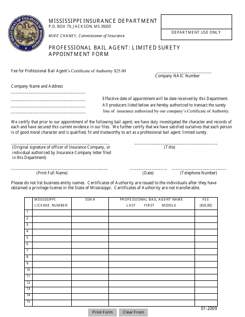 Professional Bail Agent: Limited Surety Appointment Form - Mississippi Download Pdf