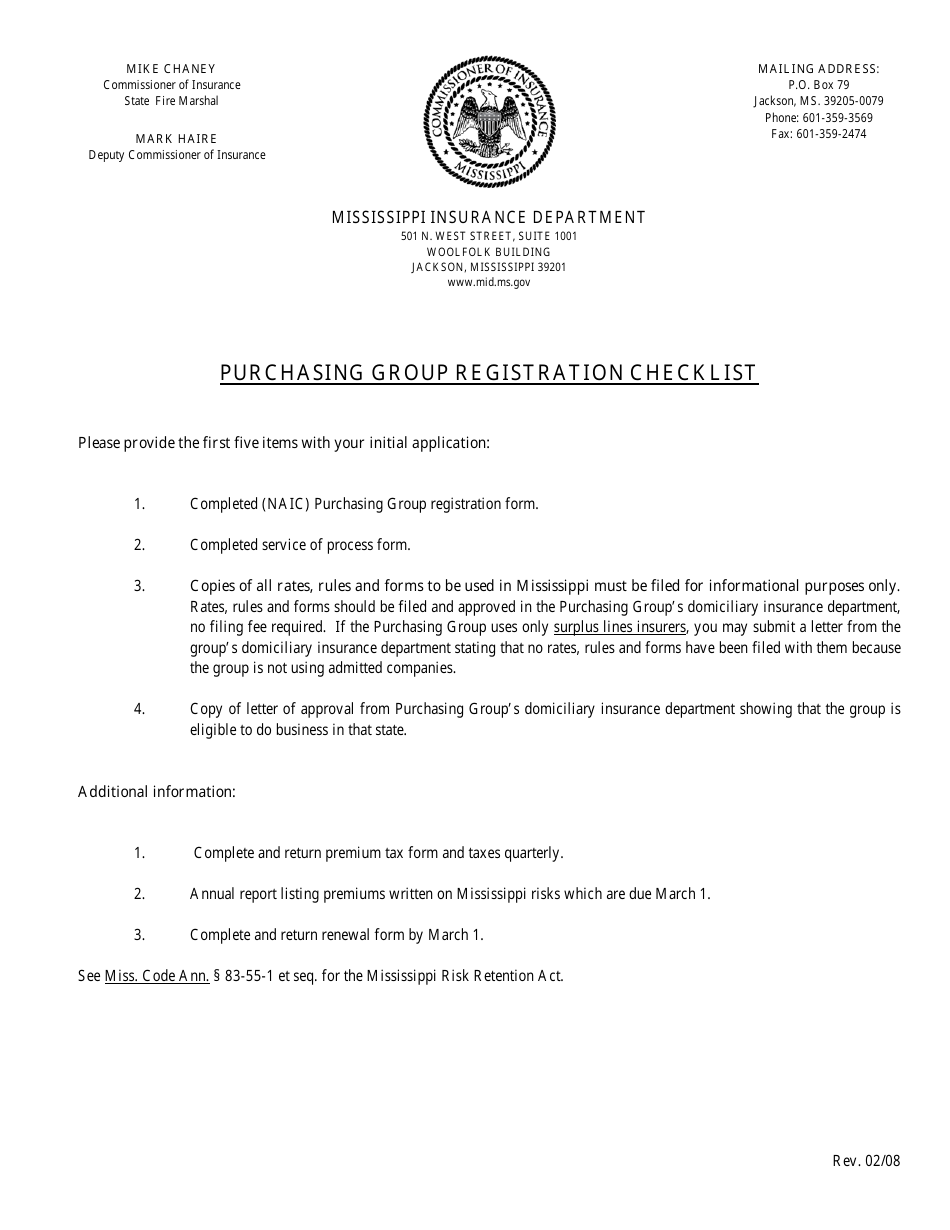 Purchasing Group Notice and Registration Form - Mississippi, Page 1