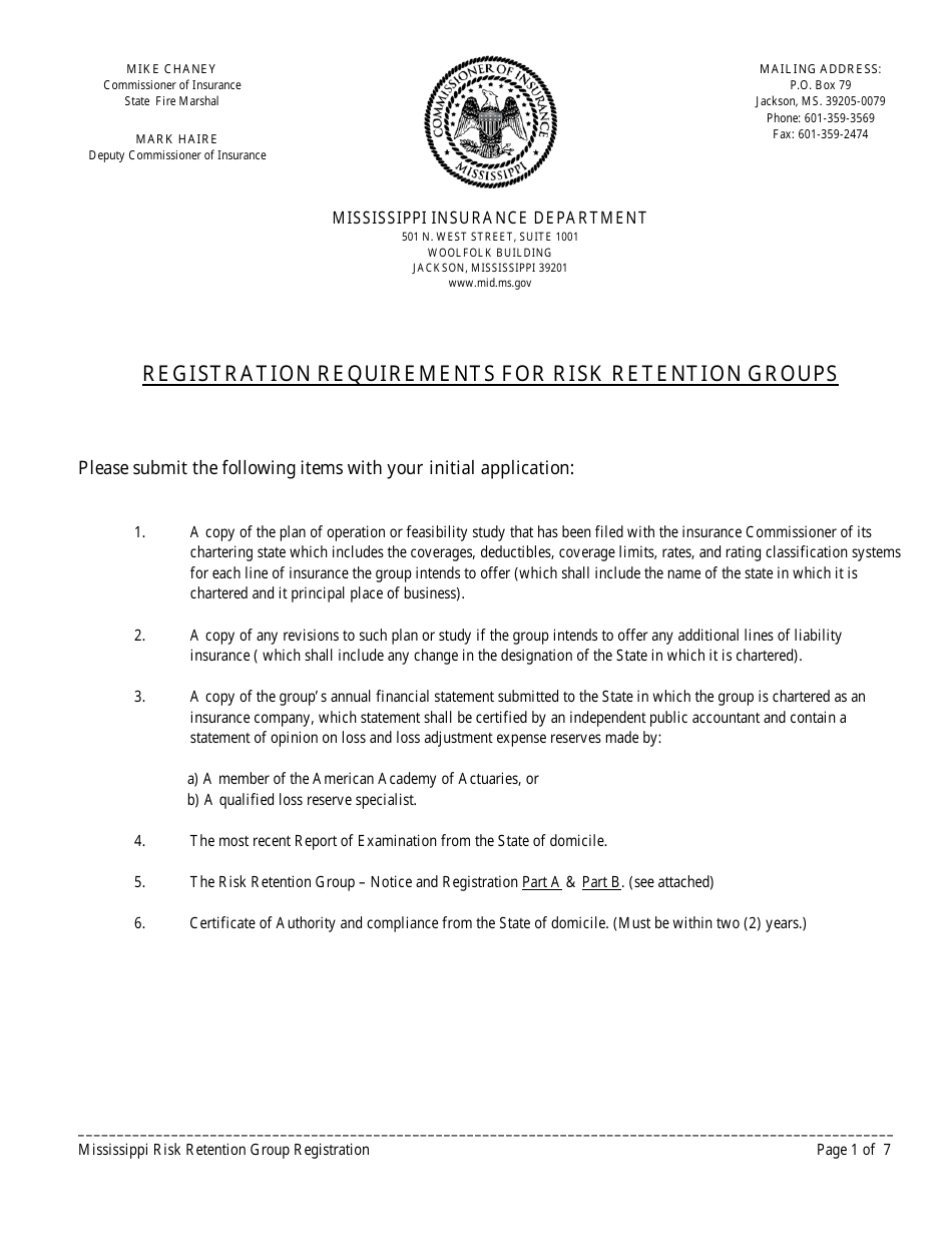 Risk Retention Group Notice and Registration Form - Mississippi, Page 1