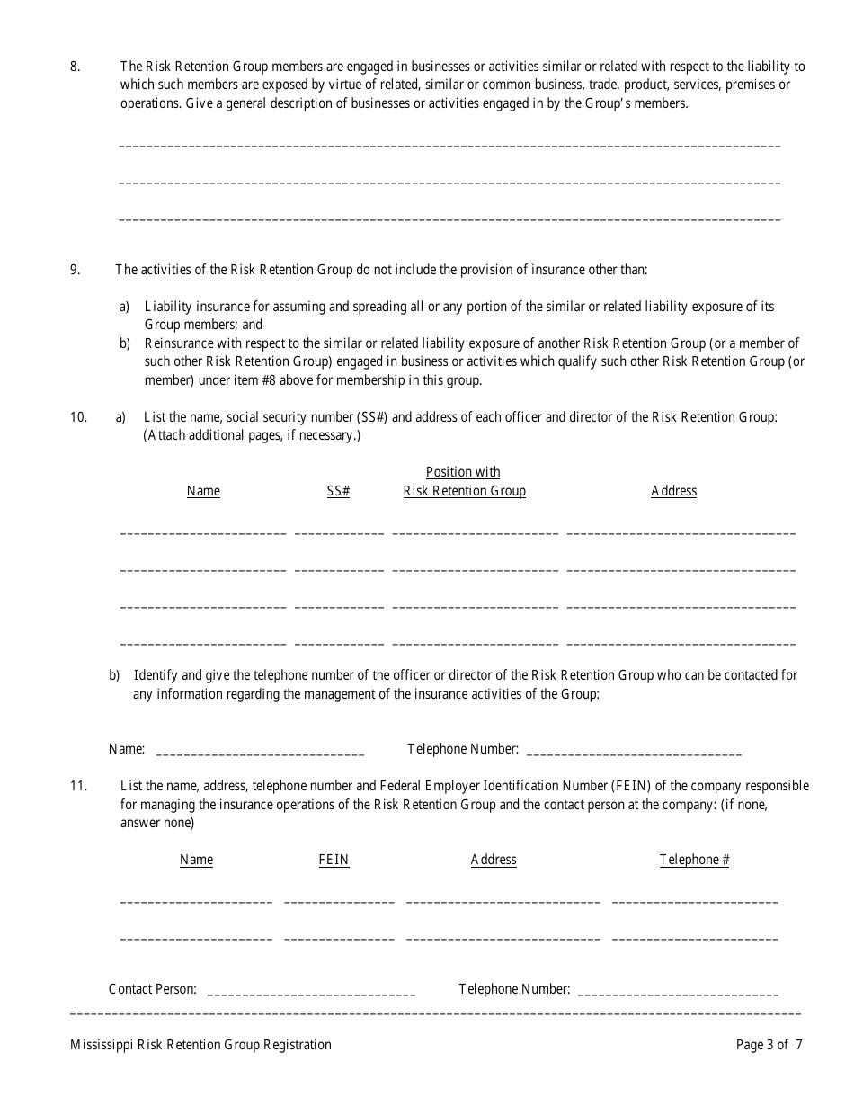 Risk Retention Group Notice and Registration Form - Mississippi, Page 3