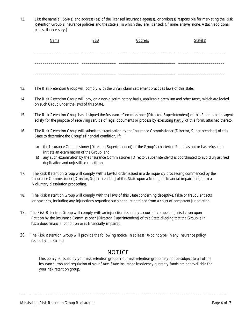 Risk Retention Group Notice and Registration Form - Mississippi, Page 4
