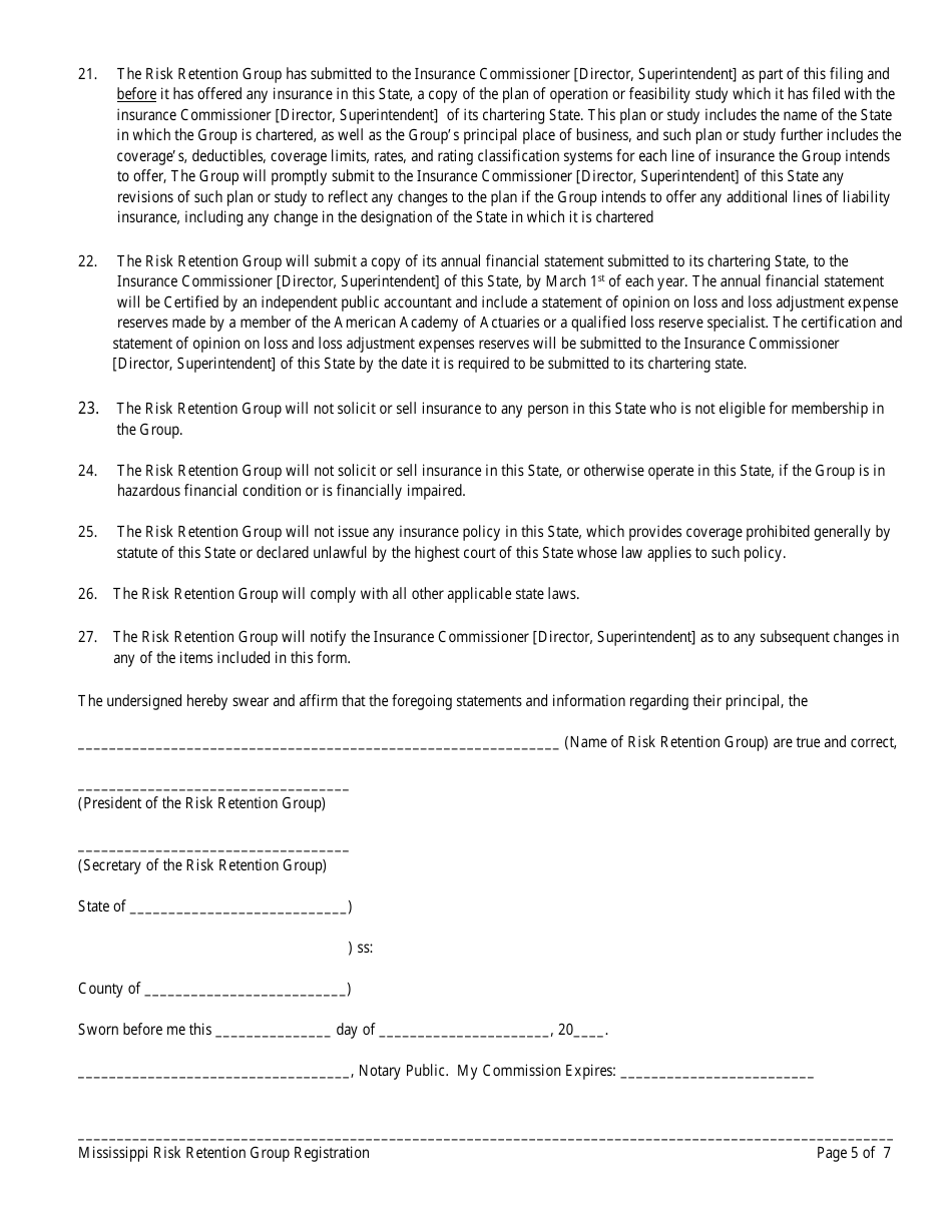 Risk Retention Group Notice and Registration Form - Mississippi, Page 5