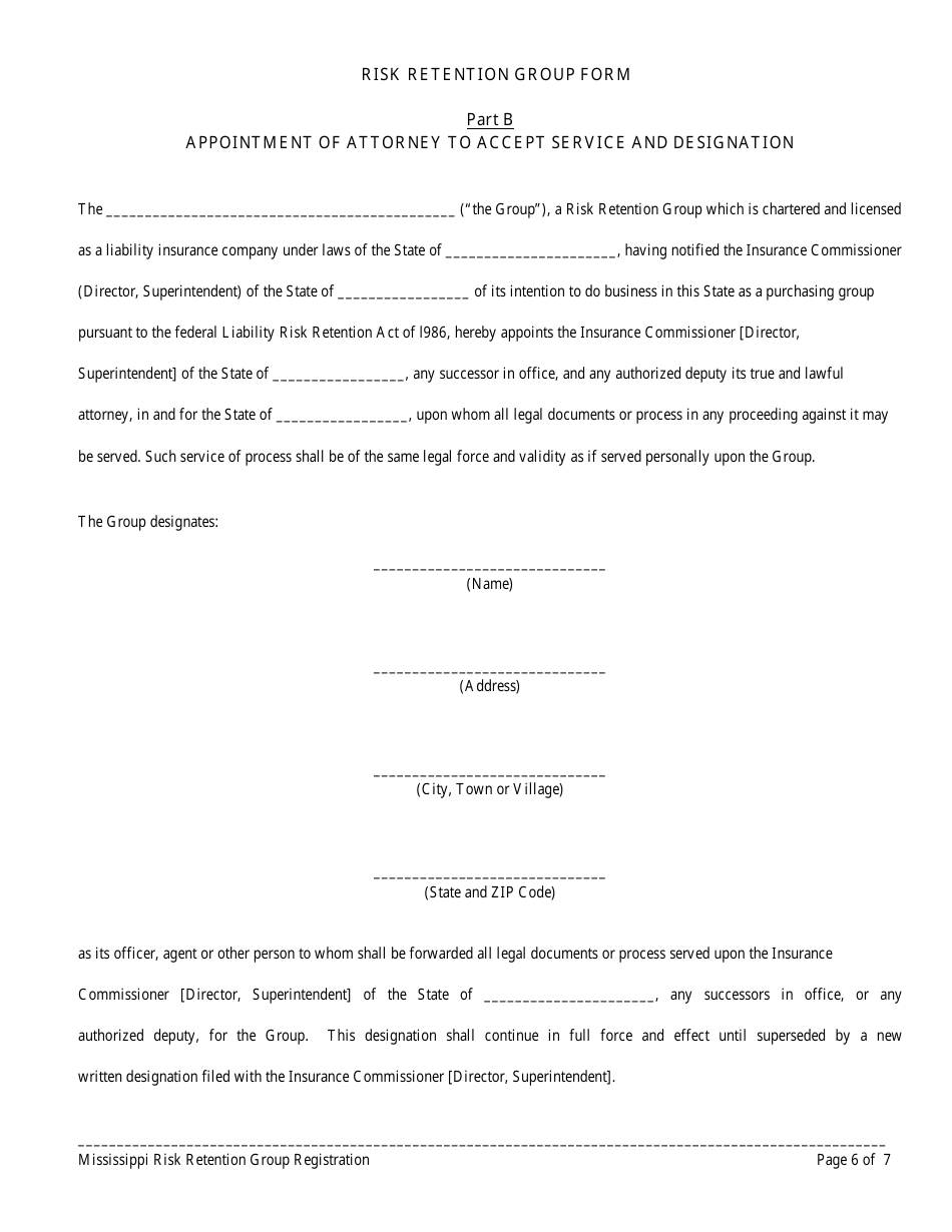 Risk Retention Group Notice and Registration Form - Mississippi, Page 6