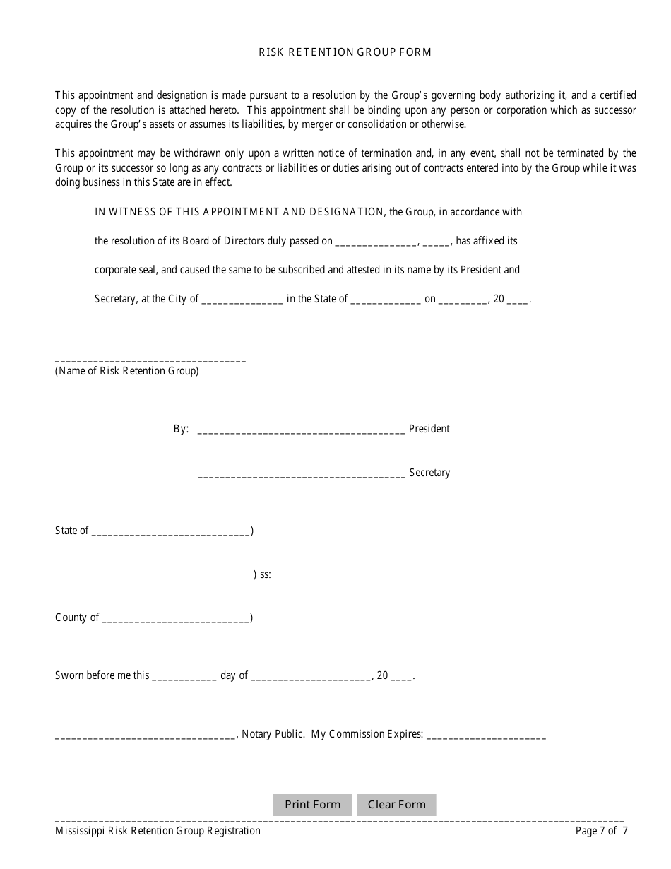 Risk Retention Group Notice and Registration Form - Mississippi, Page 7